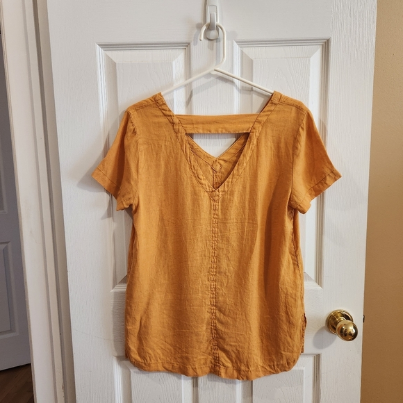 C&C California linen yellow orange short sleeve v-neck strappy tee blouse small - Picture 4 of 10